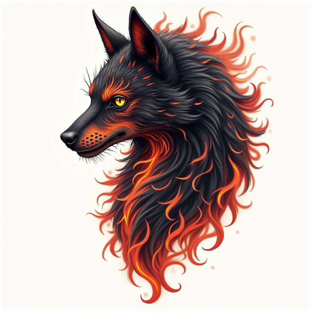 Zorro animalin flame tattoo style showcasing fiery elements with dynamic flame patterns, glowing effect of flames, natural colors - Variation 2