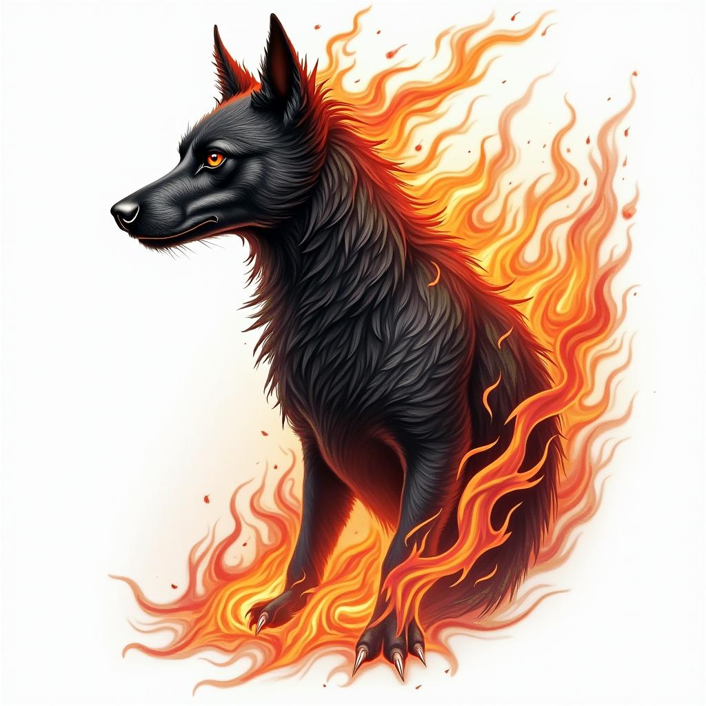 Zorro animalin flame tattoo style showcasing fiery elements with dynamic flame patterns, glowing effect of flames, natural colors - Variation 4