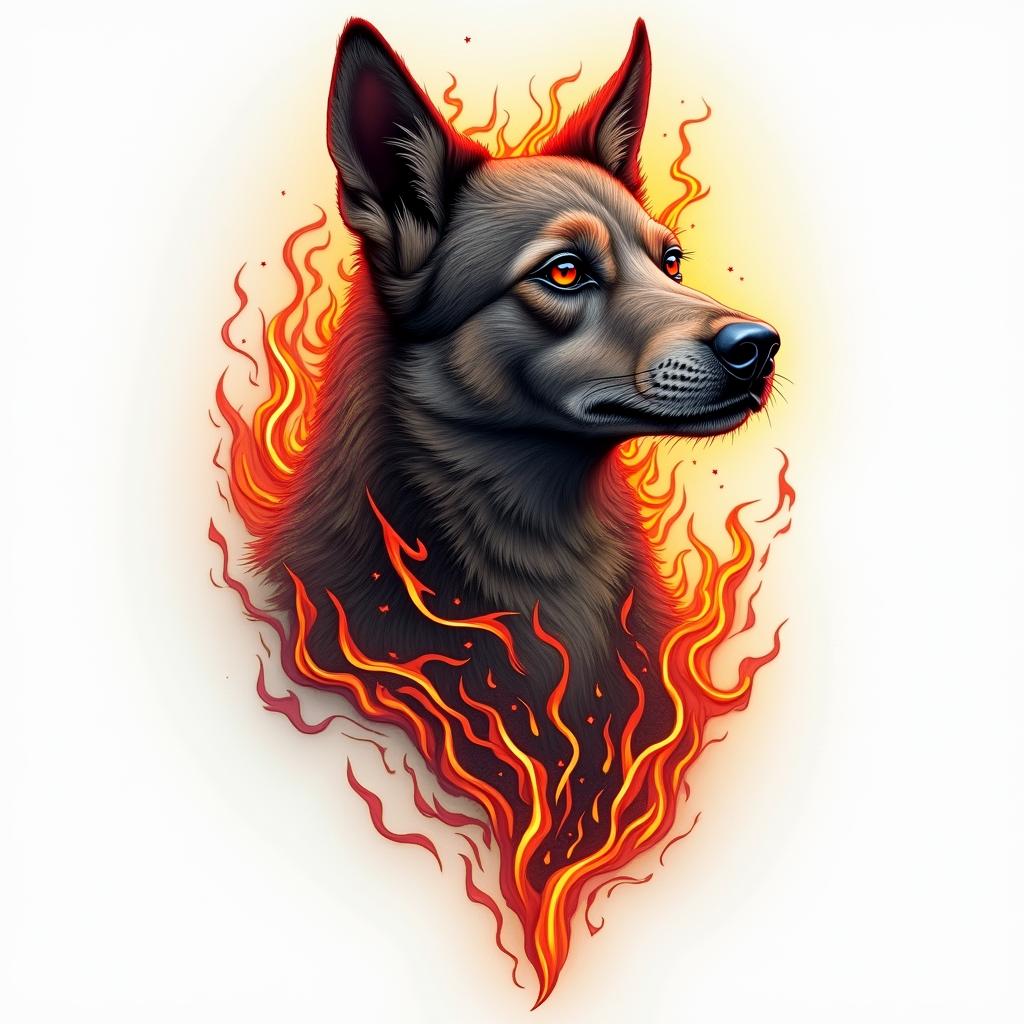 Zorro animalin flame tattoo style showcasing fiery elements with dynamic flame patterns, glowing effect of flames, natural colors - Variation 3