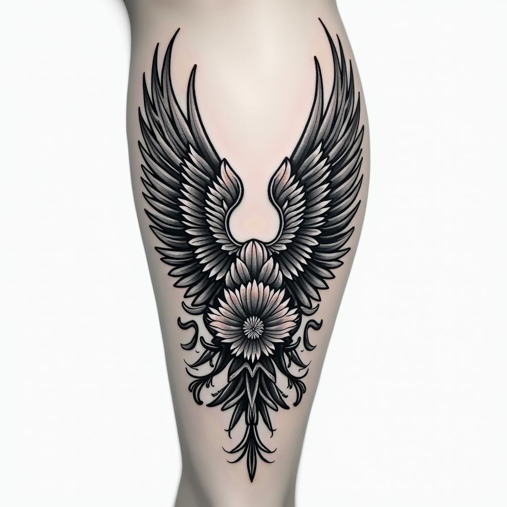 Wing tattoo on ankle/legin authentic tattoo style, incorporating traditional modifications, bold black outlines, solid color fills, featuring classic authentic elements - Variation 3