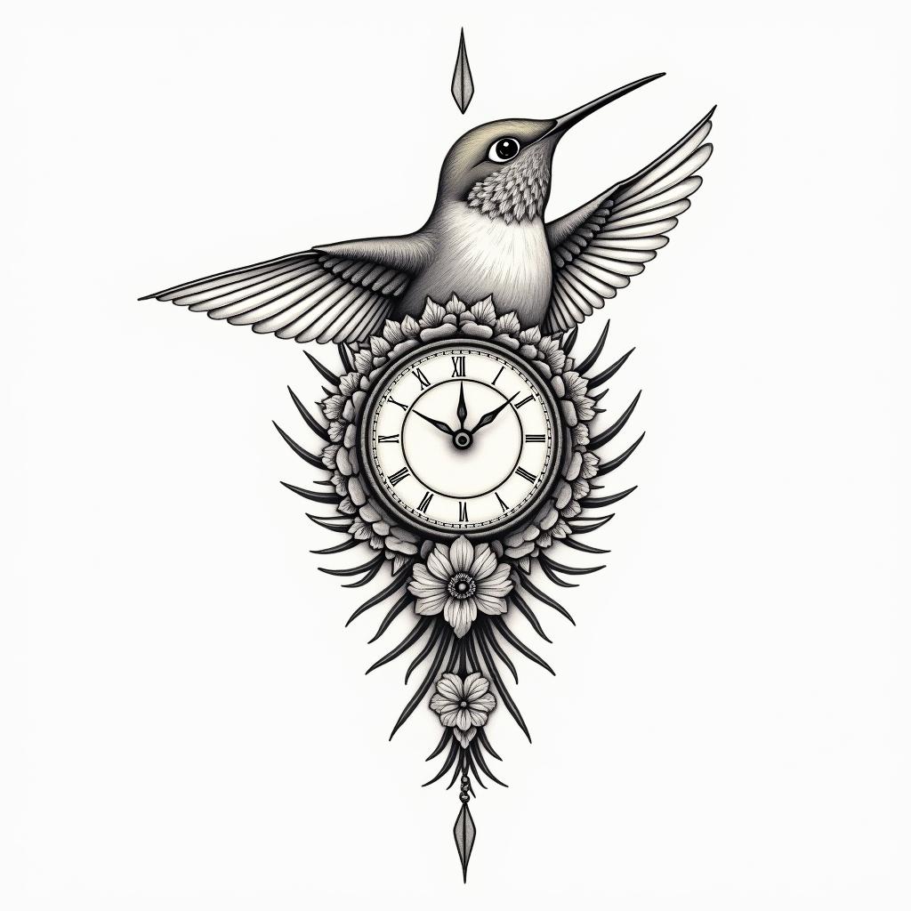 Hummingbird holding a clock with a writing carpe diem. It needs to be in colour as it will blend with black and grey peonies I have on the top and a red and yellow tattoo I have at the backin spiritual symbols tattoo style, featuring an intricate design incorporating elements, Hamsa hand, third eye, minimalist composition