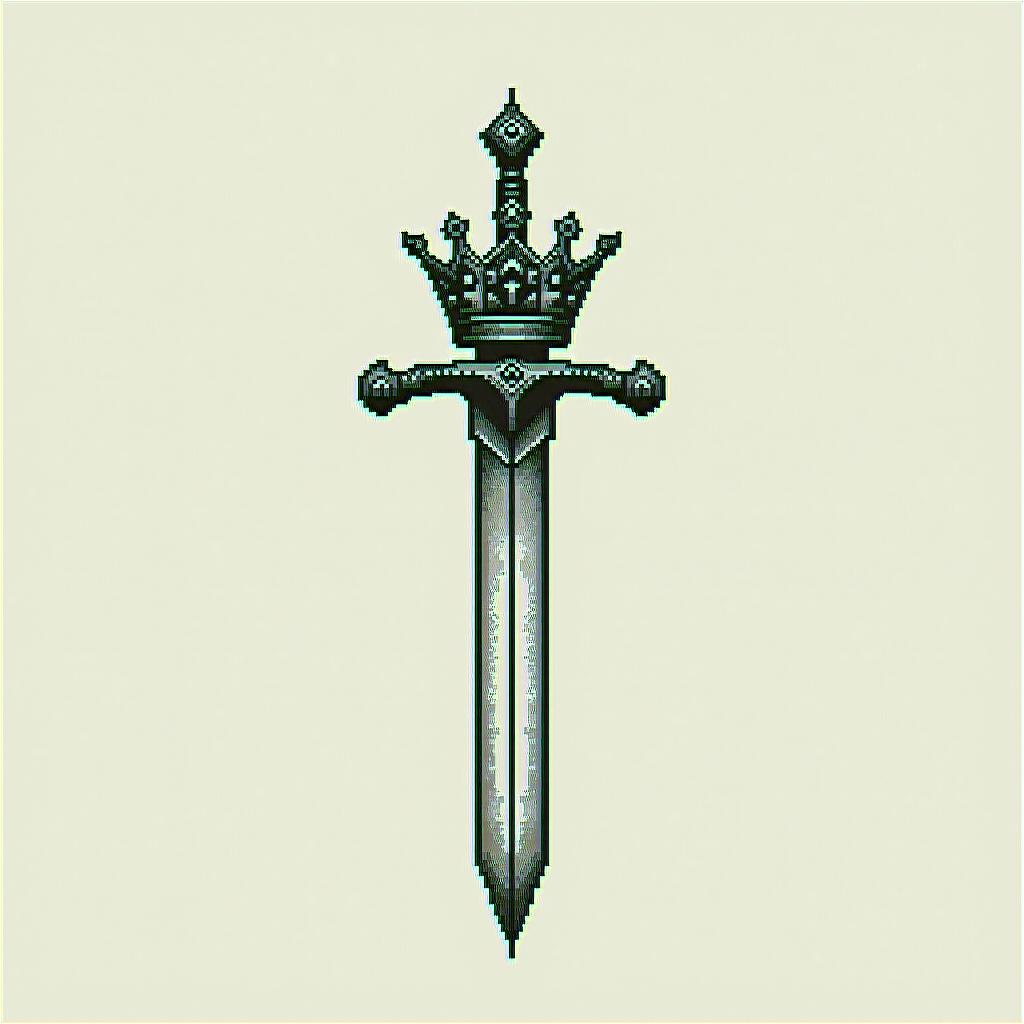 A crown 👑 whit a sword trhu itin 8-bit tattoo style, minimalistic pixel style tattoo, pixel art with simplified shapes and retro gaming visuals, inspired by 8-bit pixel based detailing