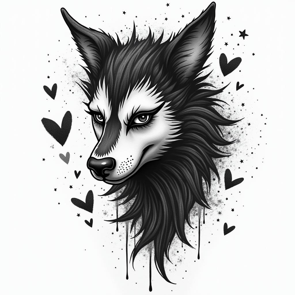 Zorro animalin graffiti style tattoo, featuring bold and dynamic street art elements, spray-paint texture with exaggerated lines and expressive, chaotic brushstrokes, intricate lettering incorporated with graffiti tags, symbols like hearts, stars, and wings - Variation 4