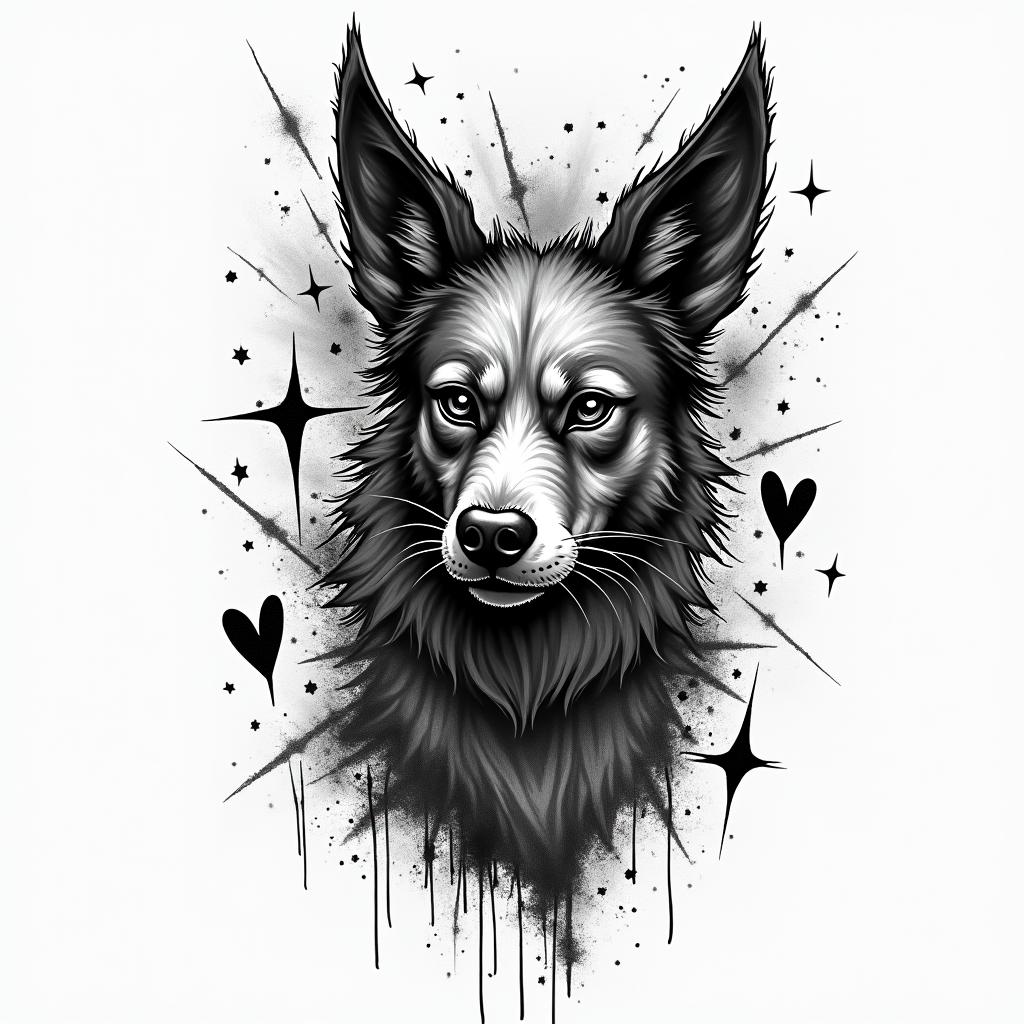 Zorro animalin graffiti style tattoo, featuring bold and dynamic street art elements, spray-paint texture with exaggerated lines and expressive, chaotic brushstrokes, intricate lettering incorporated with graffiti tags, symbols like hearts, stars, and wings - Variation 2