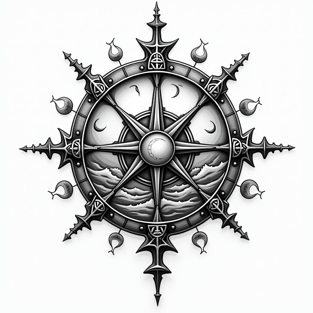 Compass surrounded by ocean wavesin paganic style tattoo, featuring ancient symbols, add vegvisir symbol, mystical figures, incorporating designs, pentagrams, runes, crescent moons,