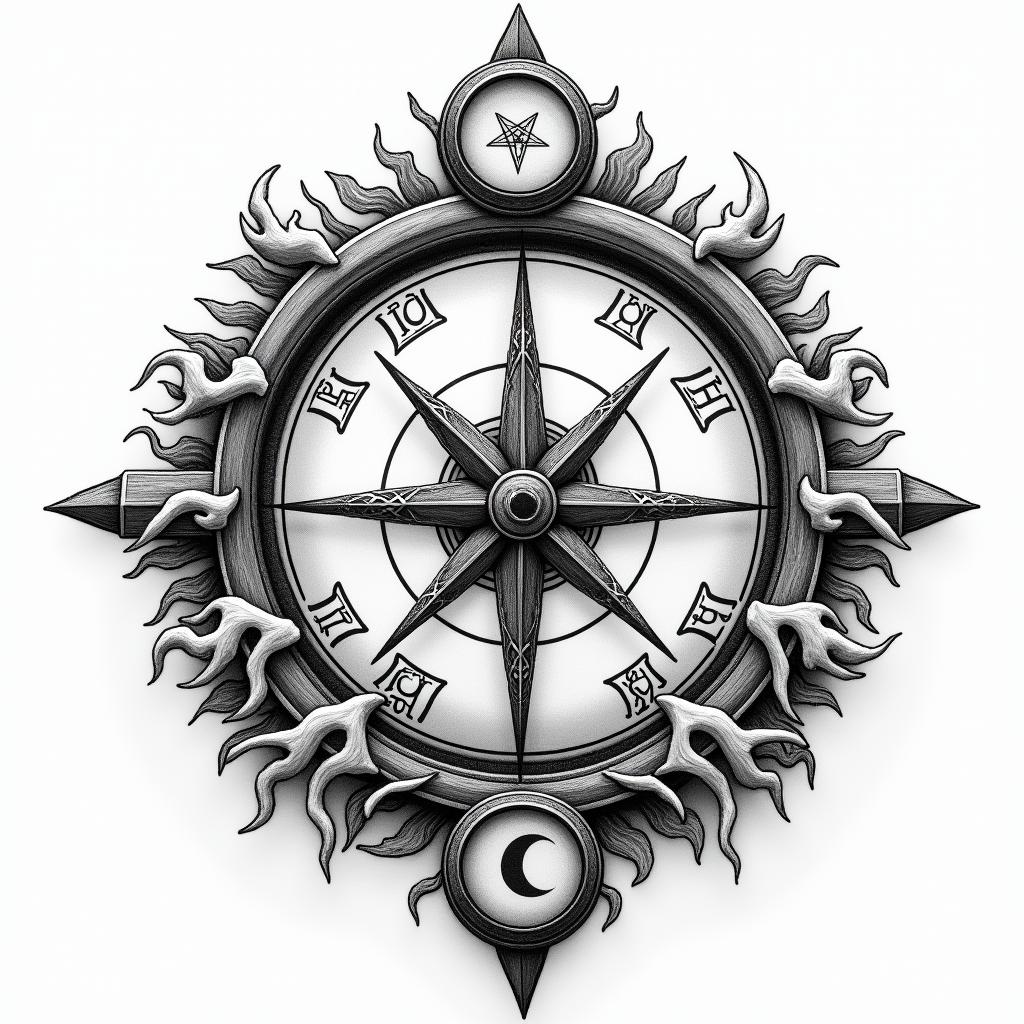 Compass surrounded by ocean wavesin paganic style tattoo, featuring ancient symbols, add vegvisir symbol, mystical figures, incorporating designs, pentagrams, runes, crescent moons, - Variation 4