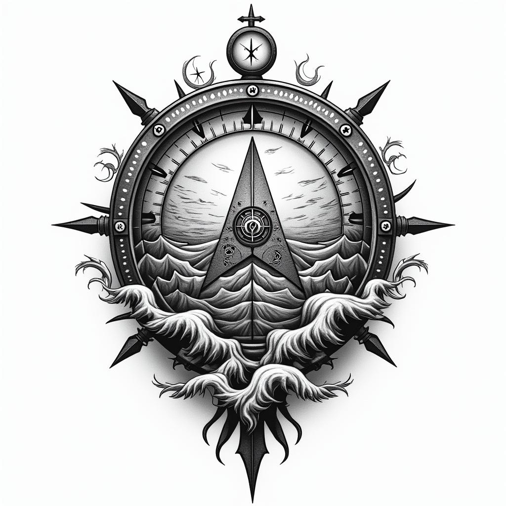 Compass surrounded by ocean wavesin paganic style tattoo, featuring ancient symbols, add vegvisir symbol, mystical figures, incorporating designs, pentagrams, runes, crescent moons, - Variation 2