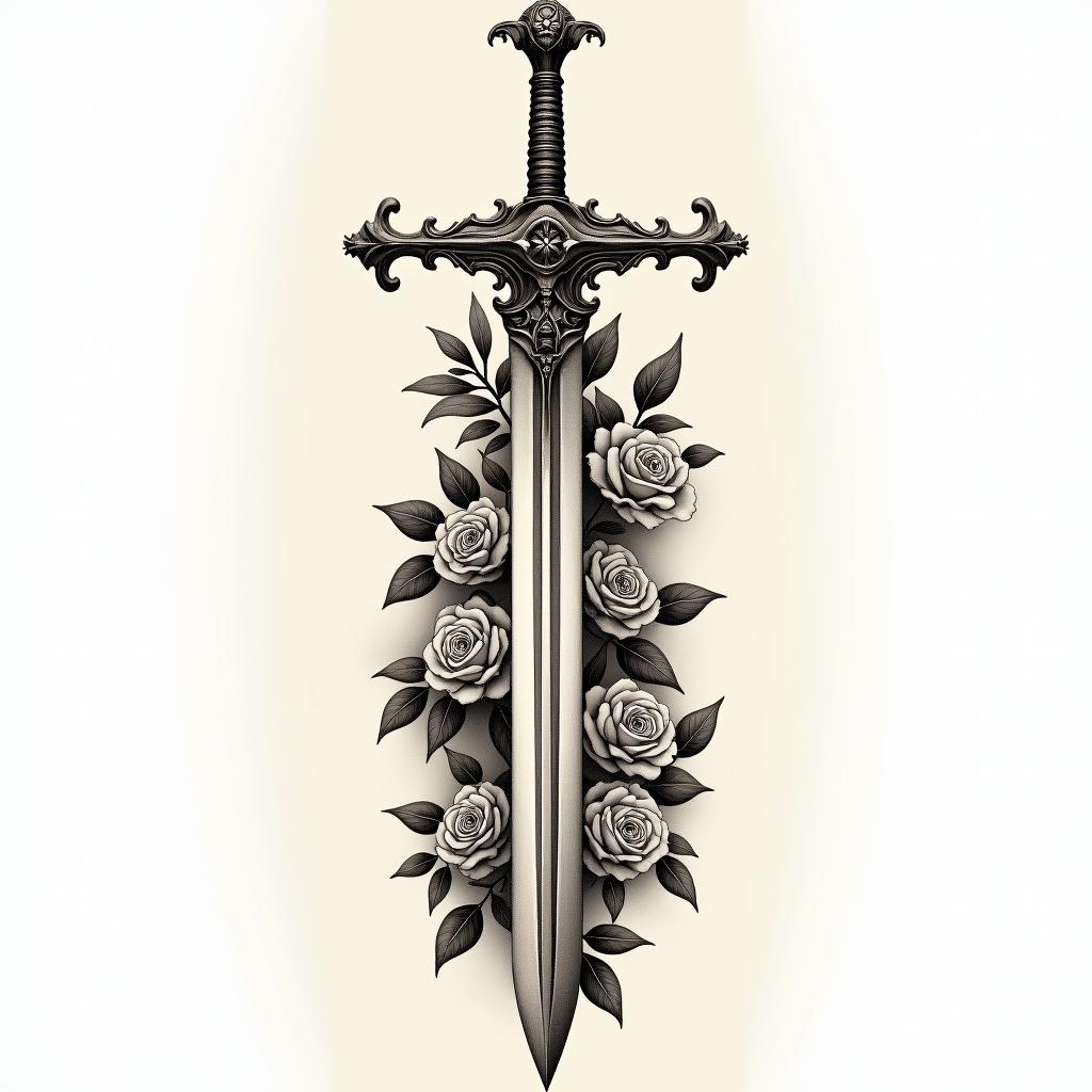 Sword with cross as main handlein victorian style tattoo, featuring vintage and elegant elements, ornate frames, roses, antique, sepia-toned color scheme - Variation 4