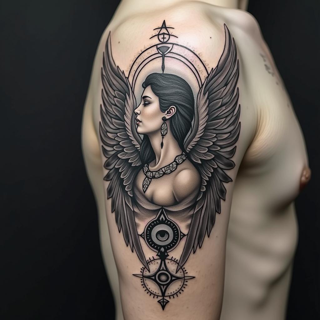 Archangel Michael in profilein spiritual symbols tattoo style, featuring an intricate design incorporating elements, Hamsa hand, third eye, minimalist composition