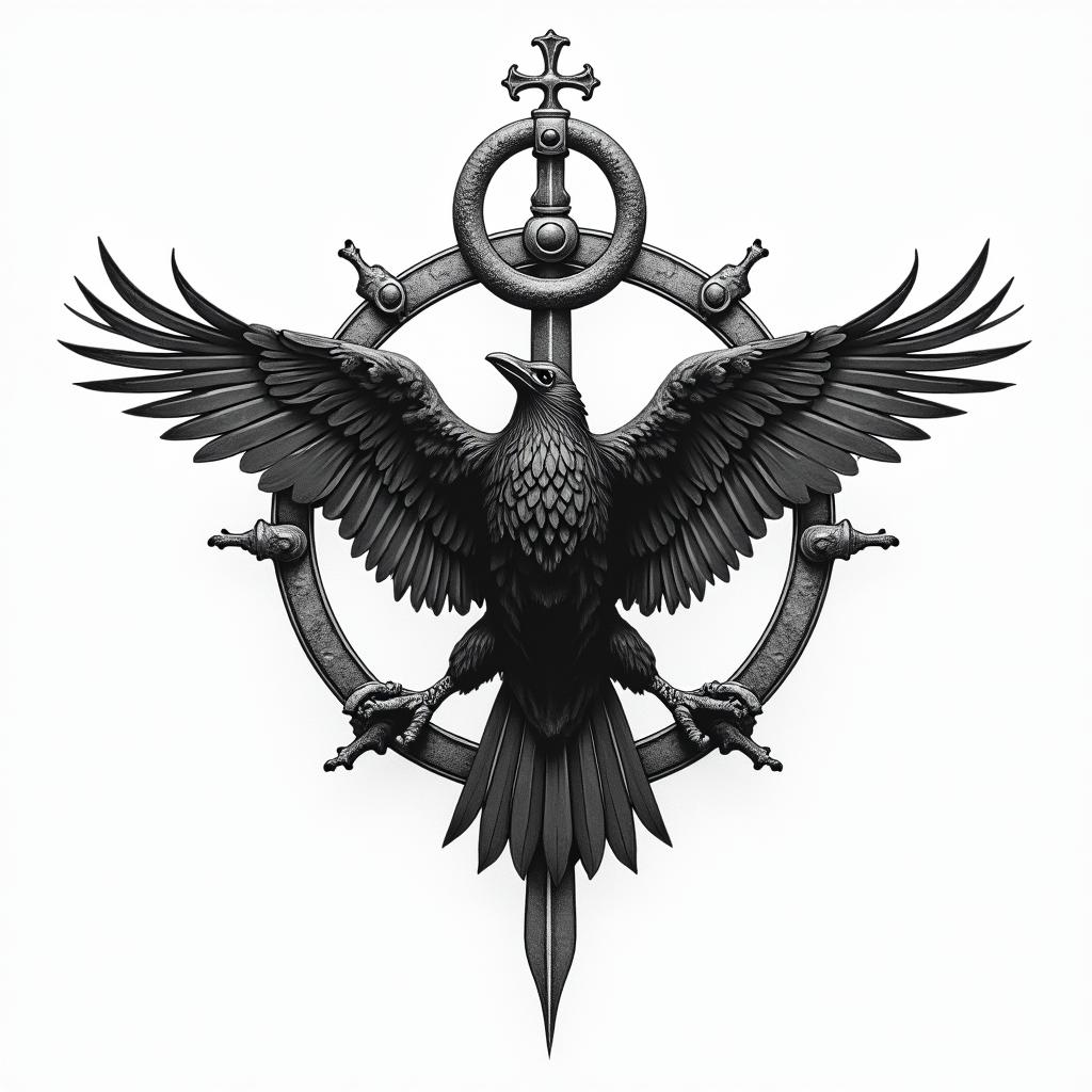 Viking with the symbol of the compass and Odin's ravenshigly detailed tattoo