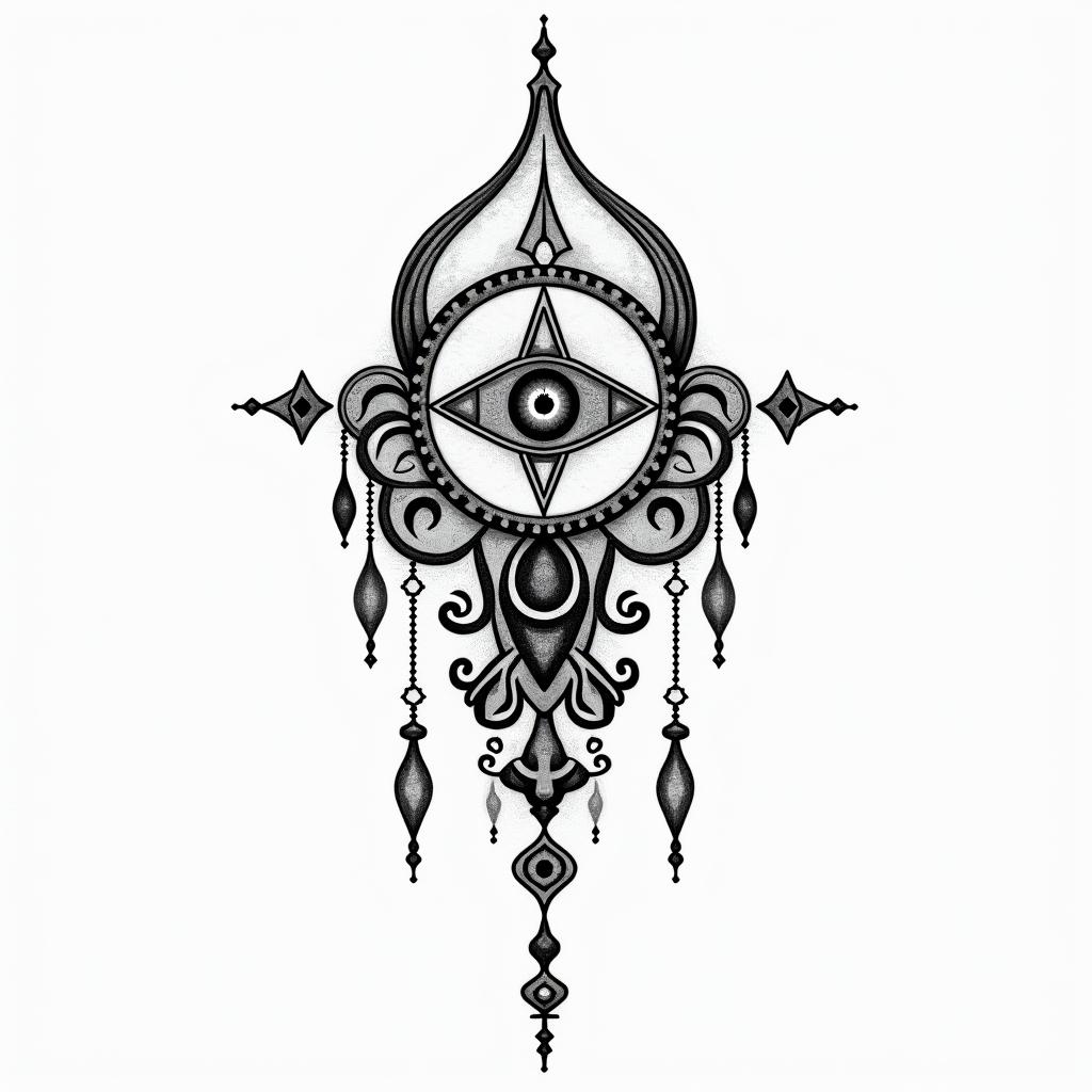 Gypsy lifein spiritual symbols tattoo style, featuring an intricate design incorporating elements, Hamsa hand, third eye, minimalist composition - Variation 2