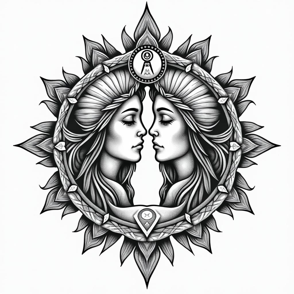 Iris flower father and daughterin paganic style tattoo, featuring ancient symbols, add vegvisir symbol, mystical figures, incorporating designs, pentagrams, runes, crescent moons,