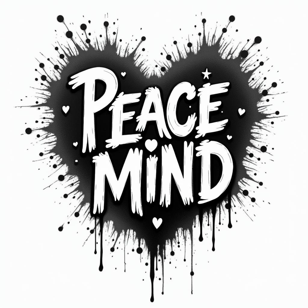 Peace of mindin graffiti style tattoo, featuring bold and dynamic street art elements, spray-paint texture with exaggerated lines and expressive, chaotic brushstrokes, intricate lettering incorporated with graffiti tags, symbols like hearts, stars, and wings - Variation 4