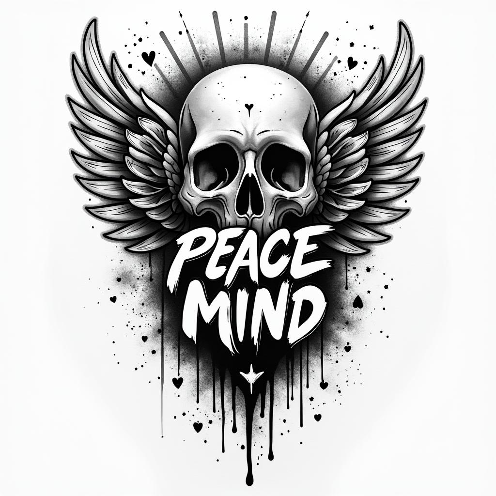 Peace of mindin graffiti style tattoo, featuring bold and dynamic street art elements, spray-paint texture with exaggerated lines and expressive, chaotic brushstrokes, intricate lettering incorporated with graffiti tags, symbols like hearts, stars, and wings