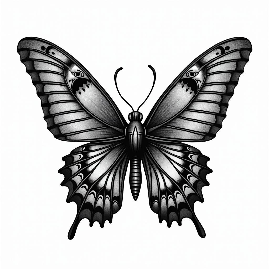 Butterfly with complex wing patternsin egyptian style tattoo, bold elements of ancient egyptian culture including a portrait of an Egyptian pharaoh with detailed facial features, in hieroglyphs and symbolic imagery, eye of horus, ankh symbol, scarab beetle