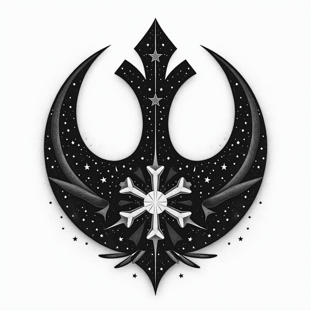Rebel alliance symbol from star wars
3" round ish
Clean and sharp
black and grey
add some stars
include star wars imagery but not in a way that overwhelms the rebel alliance symbol
not generic - feel free to be unique and weird
make it a little more feminine
i'd like to see more subtle star wars imagery
it doesn't need a border
in authentic tattoo style, incorporating traditional modifications, bold black outlines, solid color fills, featuring classic authentic elements - Variation 3