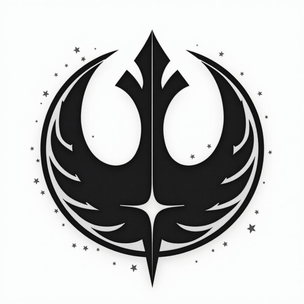 Rebel alliance symbol from star wars
3" round ish
Clean and sharp
black and grey
add some stars
include star wars imagery but not in a way that overwhelms the rebel alliance symbol
not generic - feel free to be unique and weird
make it a little more feminine
i'd like to see more subtle star wars imagery
it doesn't need a border
in authentic tattoo style, incorporating traditional modifications, bold black outlines, solid color fills, featuring classic authentic elements