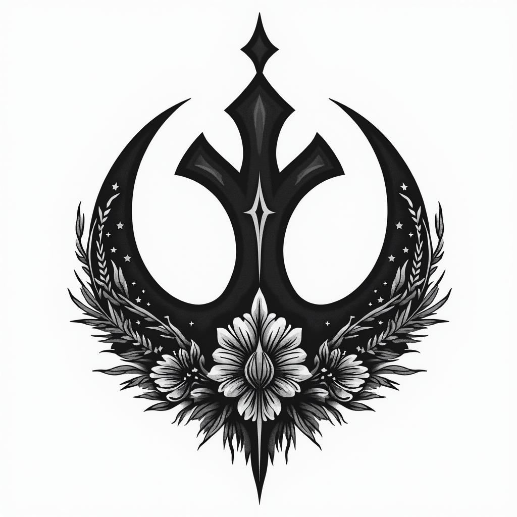 Rebel alliance symbol from star wars
3" round ish
Clean and sharp
black and grey
add some stars
include star wars imagery but not in a way that overwhelms the rebel alliance symbol
not generic - feel free to be unique and weird
make it a little more feminine
i'd like to see more subtle star wars imagery
it doesn't need a border
in authentic tattoo style, incorporating traditional modifications, bold black outlines, solid color fills, featuring classic authentic elements - Variation 2