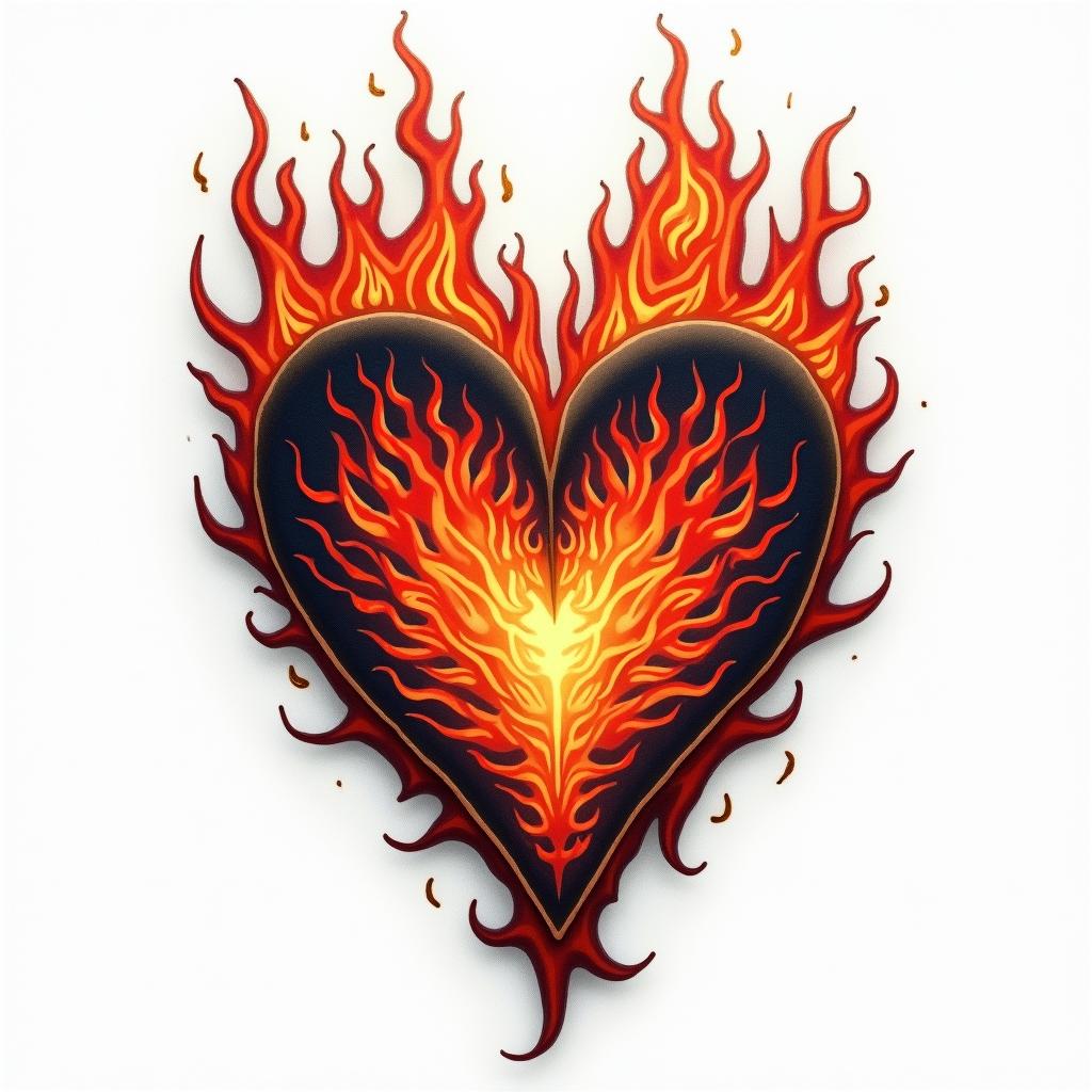 Fire Brigade Heartin flame tattoo style showcasing fiery elements with dynamic flame patterns, glowing effect of flames, natural colors - Variation 2
