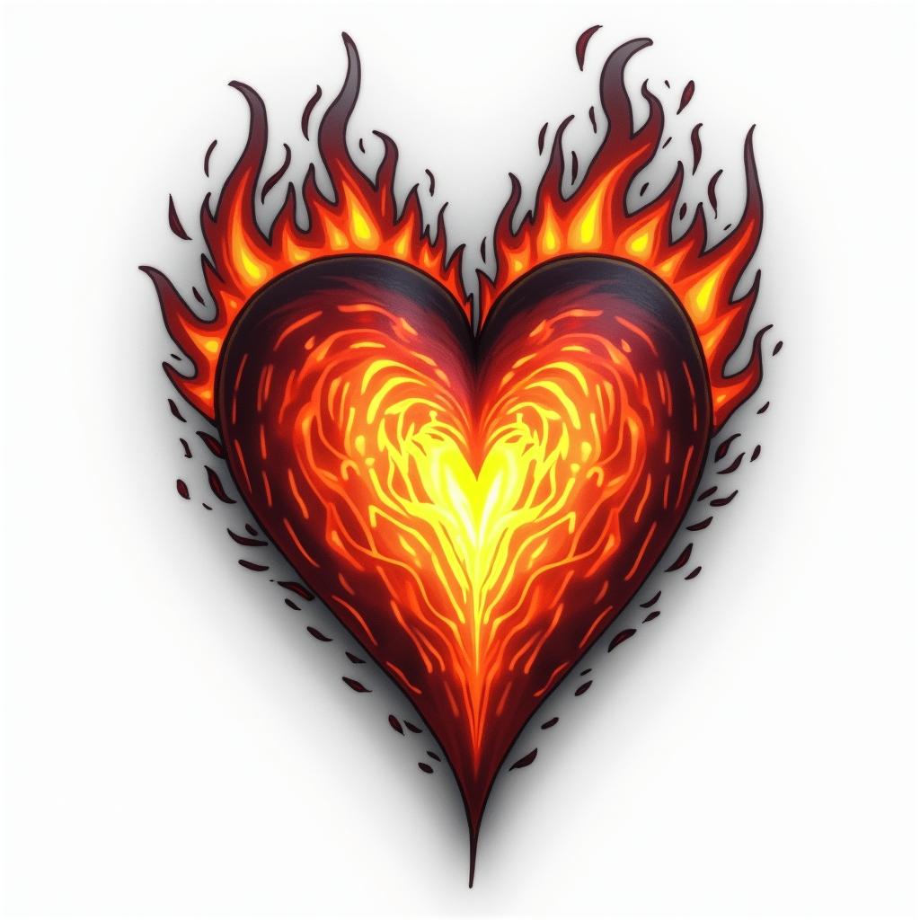 Fire Brigade Heartin flame tattoo style showcasing fiery elements with dynamic flame patterns, glowing effect of flames, natural colors