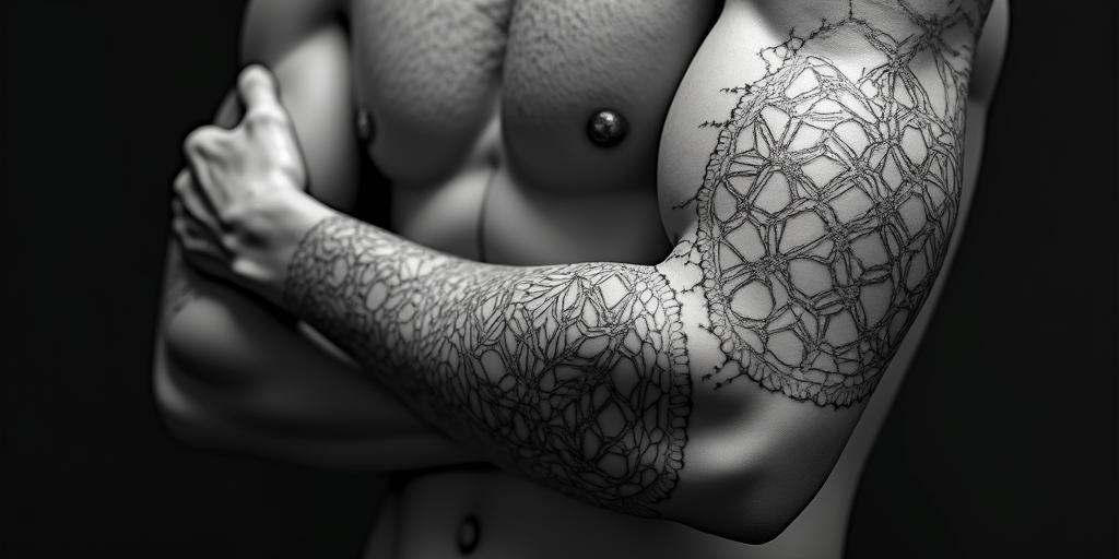 Greek mythology statue of Asclepius and Thanatos. in geometric style tattoo, blending hexagons, mandala-inspired patterns, symmetrical and fractal design, clean lines, sharp angles