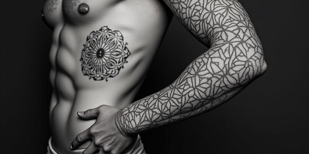 Greek mythology statue of Asclepius and Thanatos. in geometric style tattoo, blending hexagons, mandala-inspired patterns, symmetrical and fractal design, clean lines, sharp angles - Variation 4