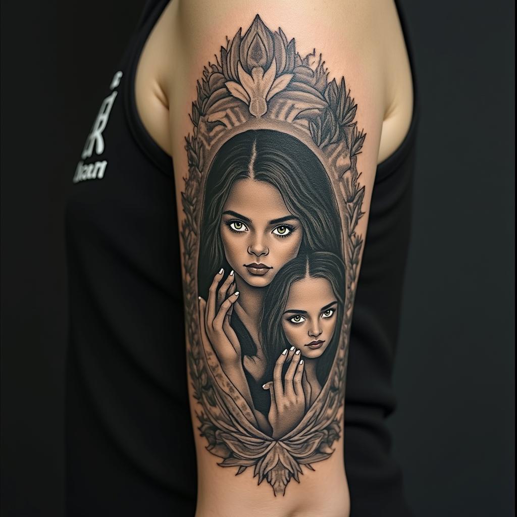 Green eyes teacher beer cigarette orixá oxum waterfall couple of childrenhigly detailed tattoo