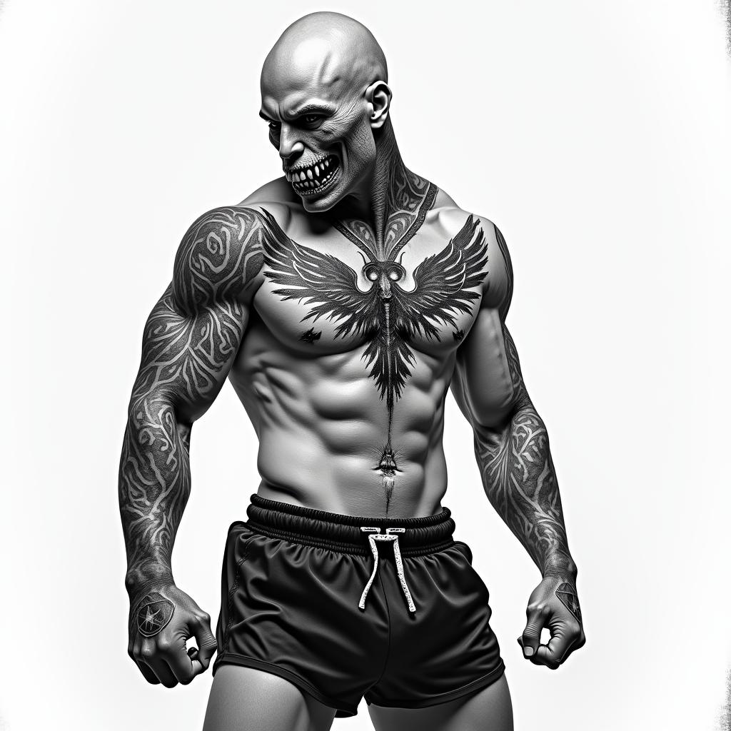 Muay thai guy with bald head .Bird tatooed oh his neck.His pose is kicking wearing muay thai shorts and good looking dangerous body dangerous looking creepy horror tattoo style, featuring an eerie and unsettling skull of a demonic creature, distorted face with sharp fangs, add pentagram symbol - Variation 2