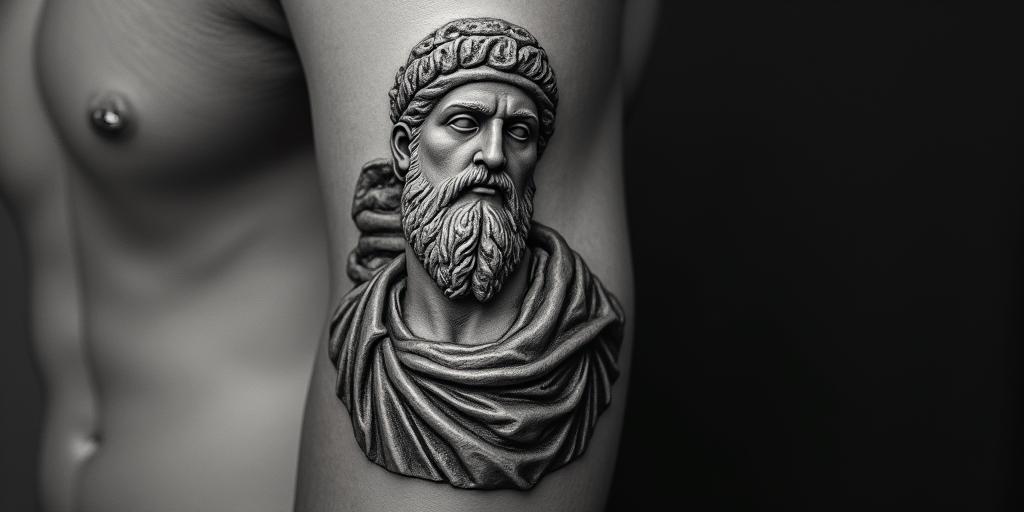 Greek mythology statue of Asclepius and Thanatos.in realism tattoo style, featuring a highly detailed, lifelike, capturing every detail, photorealistic, ultra realistic, intricate shading, smooth and sharp,   - Variation 3