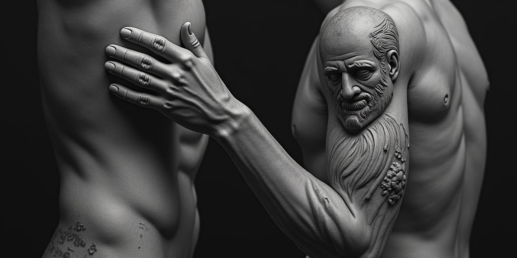 Greek mythology statue of Asclepius and Thanatos.in realism tattoo style, featuring a highly detailed, lifelike, capturing every detail, photorealistic, ultra realistic, intricate shading, smooth and sharp,   - Variation 4