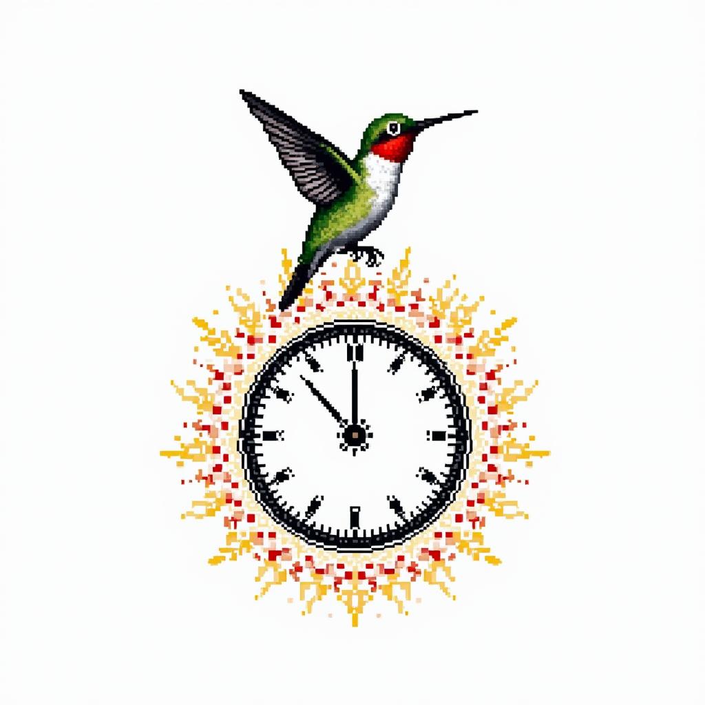 Hummingbird on top of a clock with the writing “Carpe Diem” in colour (mainly red and yellow)in 8-bit tattoo style, minimalistic pixel style tattoo, pixel art with simplified shapes and retro gaming visuals, inspired by 8-bit pixel based detailing - Variation 2