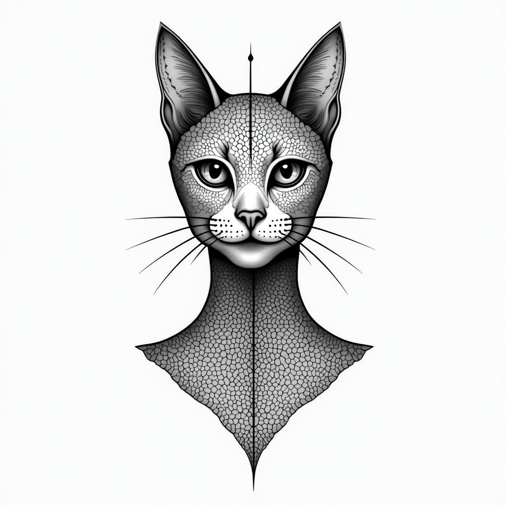 Cat, woman, minimalist, connectedness in geometric style tattoo, blending hexagons, mandala-inspired patterns, symmetrical and fractal design, clean lines, sharp angles