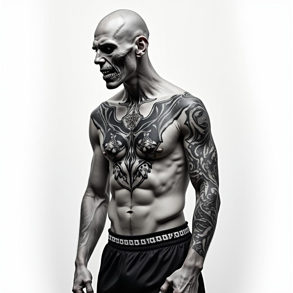 Muay thai guy with bald head .Bird tatooed oh his neck.His pose is kicking wearing muay thai shorts and good looking dangerous body dangerous looking creepy horror tattoo style, featuring an eerie and unsettling skull of a demonic creature, distorted face with sharp fangs, add pentagram symbol