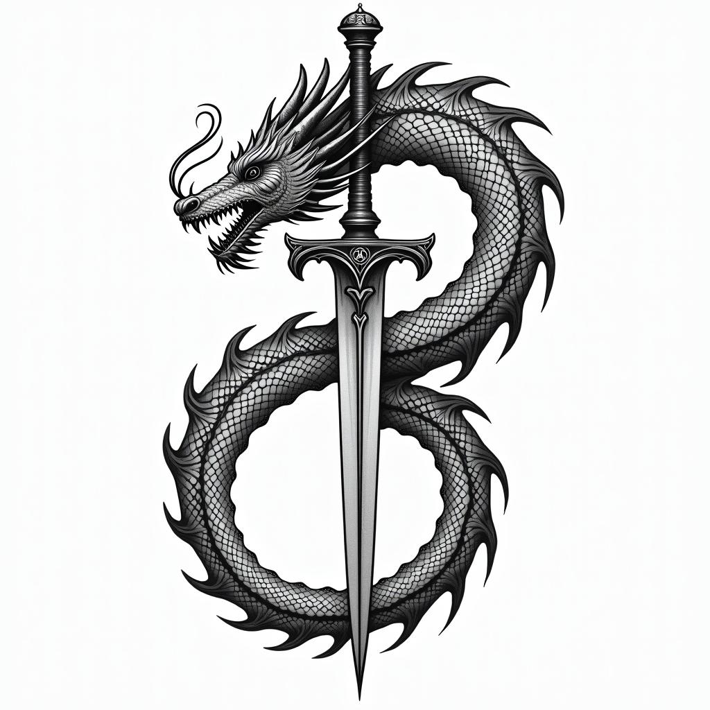 Majestic dragon coiled around a swordin dotwork style tattoo, complex mandala patterns, interlocking geometric shapes with sharp symmetry, clean lines, sharp angles - Variation 4