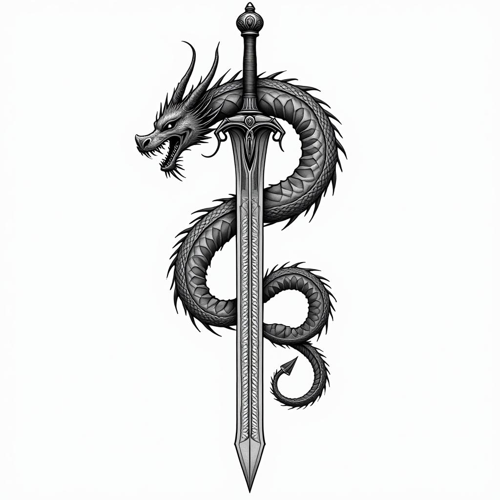 Majestic dragon coiled around a swordin dotwork style tattoo, complex mandala patterns, interlocking geometric shapes with sharp symmetry, clean lines, sharp angles - Variation 2