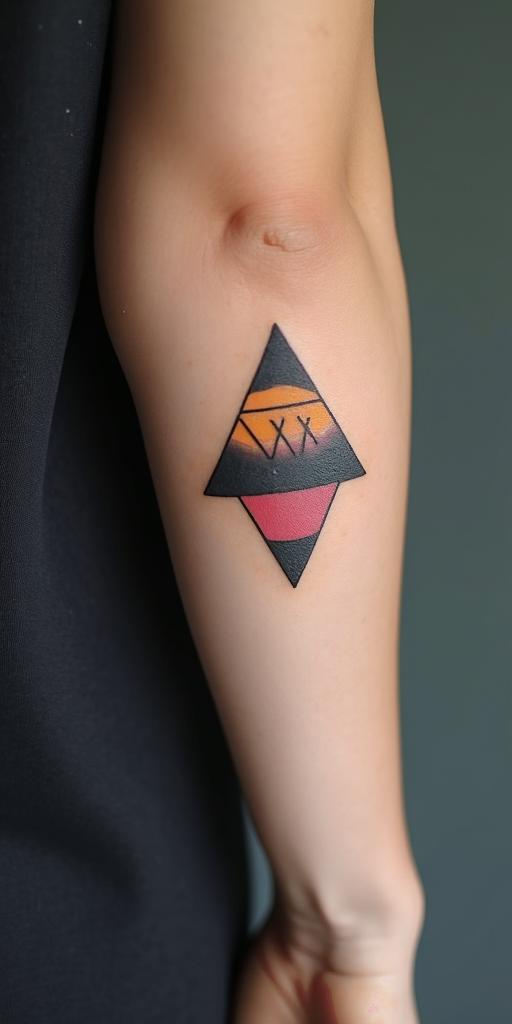A tattoo that expresses the struggle to be better every day.in minimalist style tattoo, featuring simple shapes and fine lines, with minimal shading and details, tiny triangles, creating a sense of balance and harmony