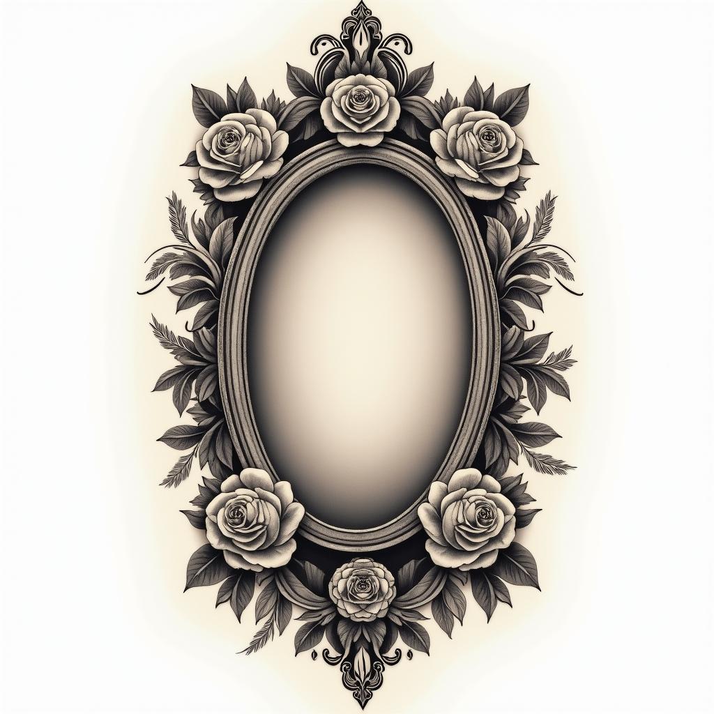 Corvoin victorian style tattoo, featuring vintage and elegant elements, ornate frames, roses, antique, sepia-toned color scheme