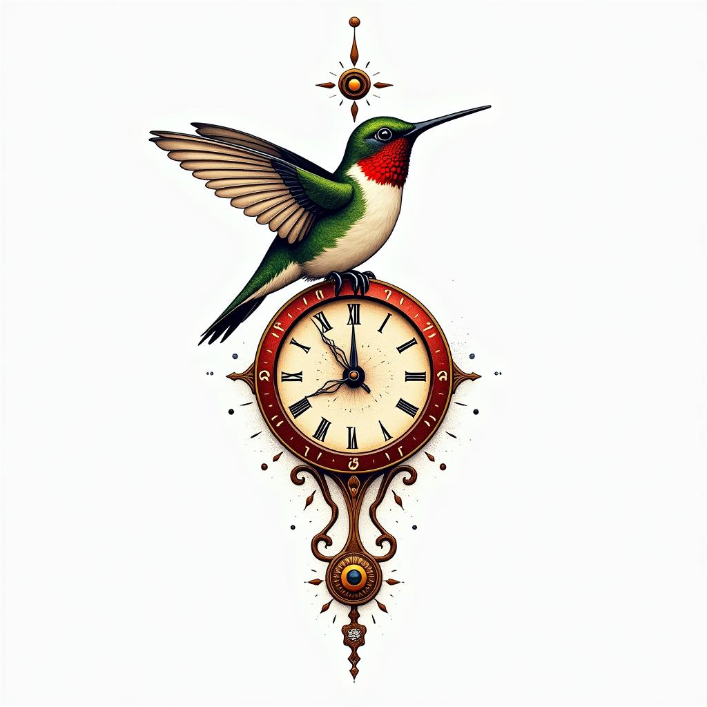 Hummingbird on top of a clock with the writing “Carpe Diem” in colour (mainly red and yellow)in spiritual symbols tattoo style, featuring an intricate design incorporating elements, Hamsa hand, third eye, minimalist composition