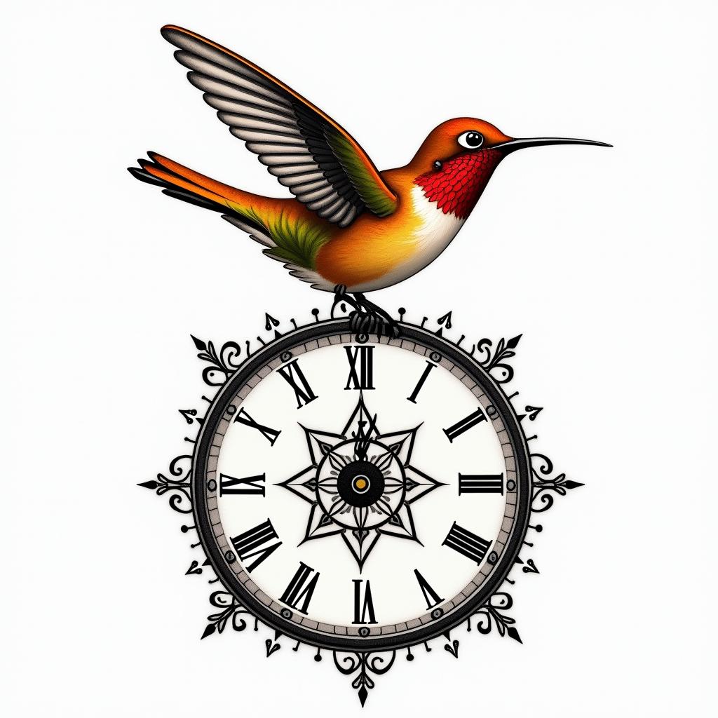 Hummingbird on top of a clock with the writing “Carpe Diem” in colour (mainly red and yellow)in spiritual symbols tattoo style, featuring an intricate design incorporating elements, Hamsa hand, third eye, minimalist composition - Variation 4