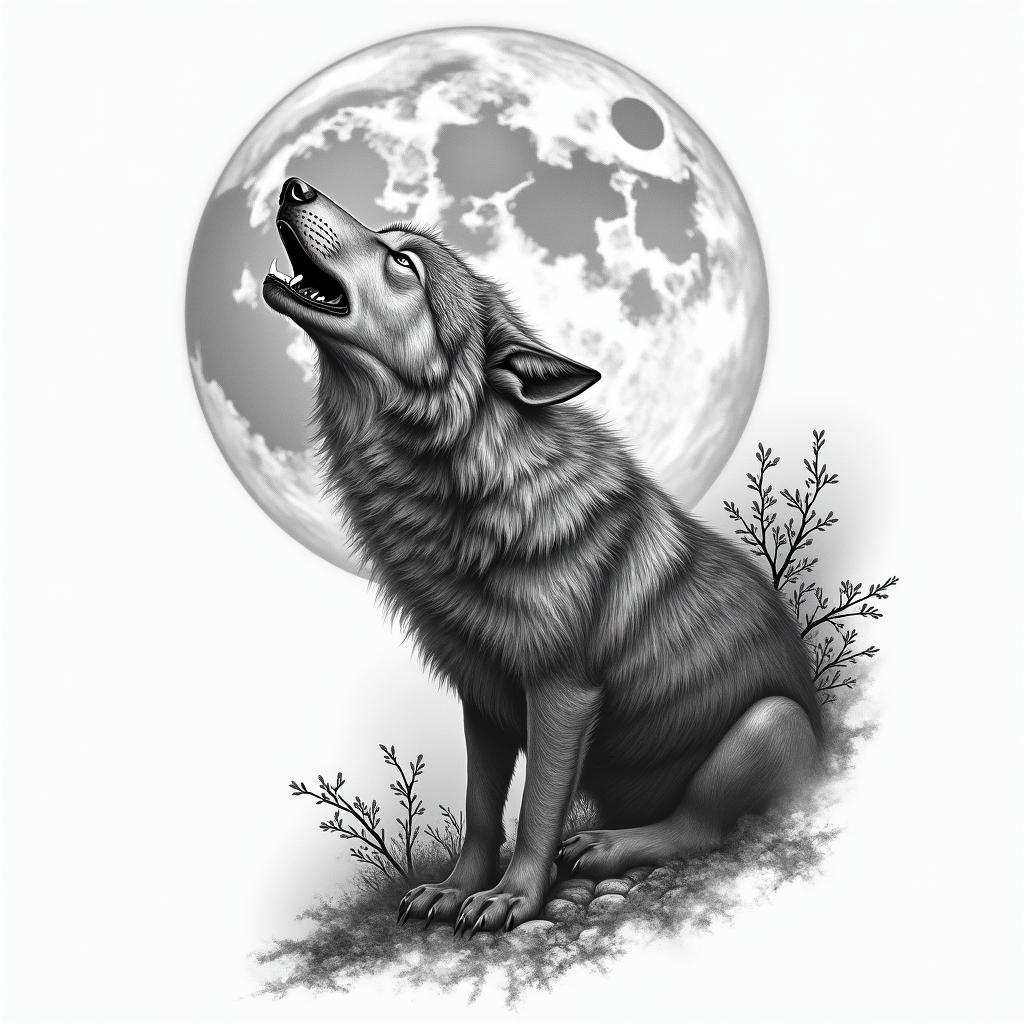 Howling wolf under a full moonhigly detailed tattoo - Variation 2