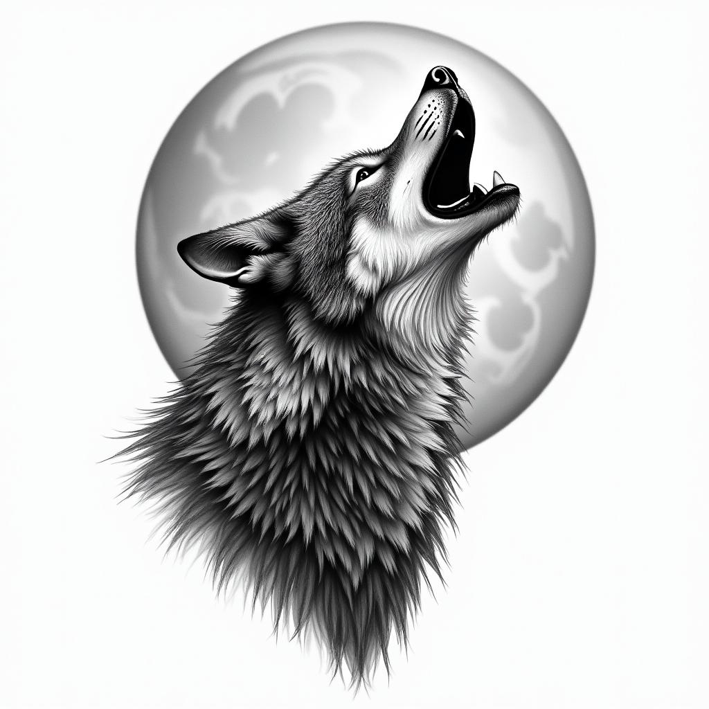 Howling wolf under a full moonhigly detailed tattoo - Variation 4