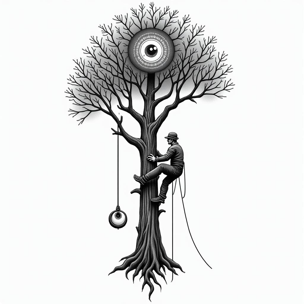Hard working very experienced 
Tree climber rigging tree topsin prophecy tattoo style, featuring mystical symbols, celestial imagery like stars, moons, suns, geometric patterns, foretelling elements, an eye of wisdom - Variation 3