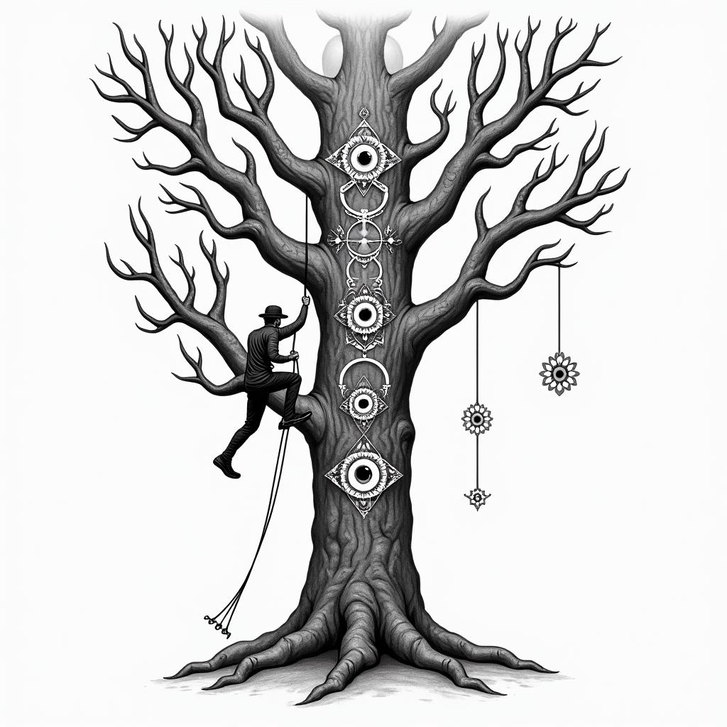 Hard working very experienced 
Tree climber rigging tree topsin prophecy tattoo style, featuring mystical symbols, celestial imagery like stars, moons, suns, geometric patterns, foretelling elements, an eye of wisdom - Variation 2