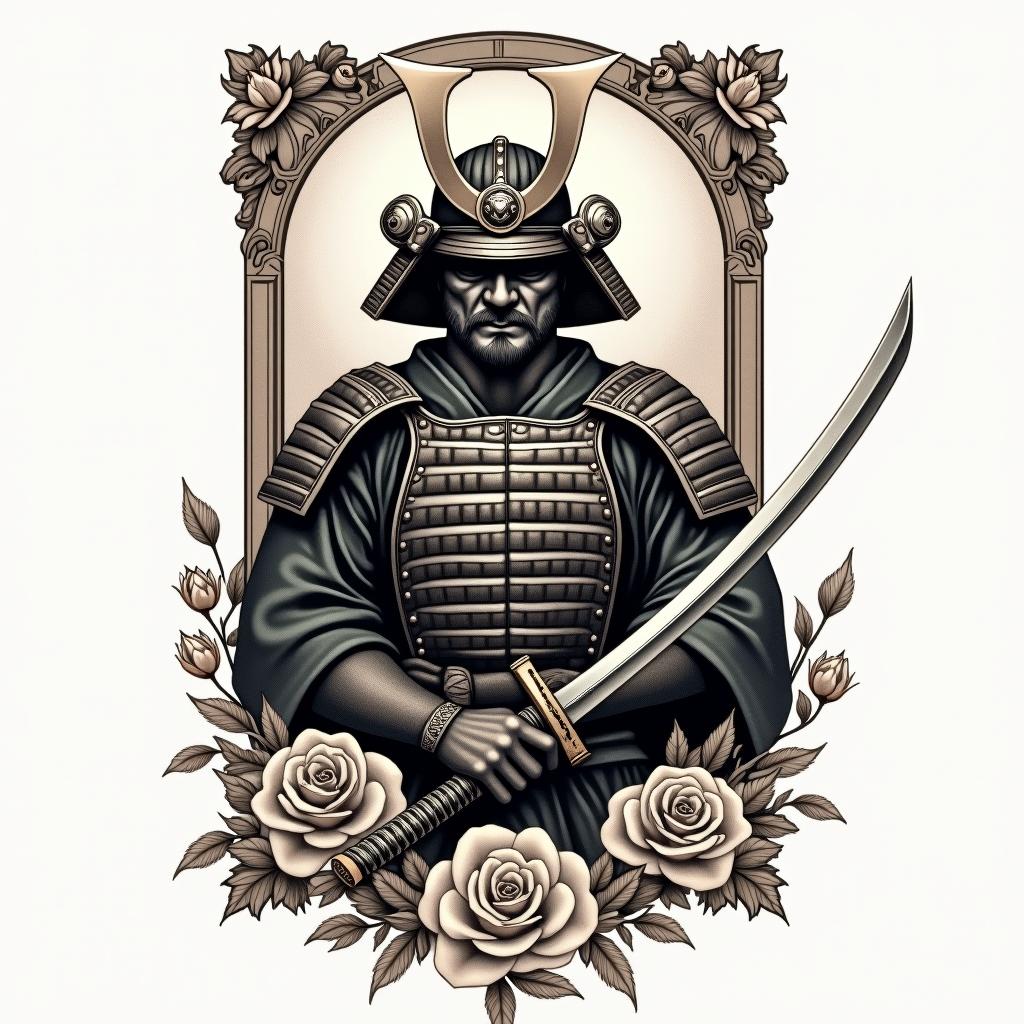 Samurai with a katanain victorian style tattoo, featuring vintage and elegant elements, ornate frames, roses, antique, sepia-toned color scheme - Variation 3