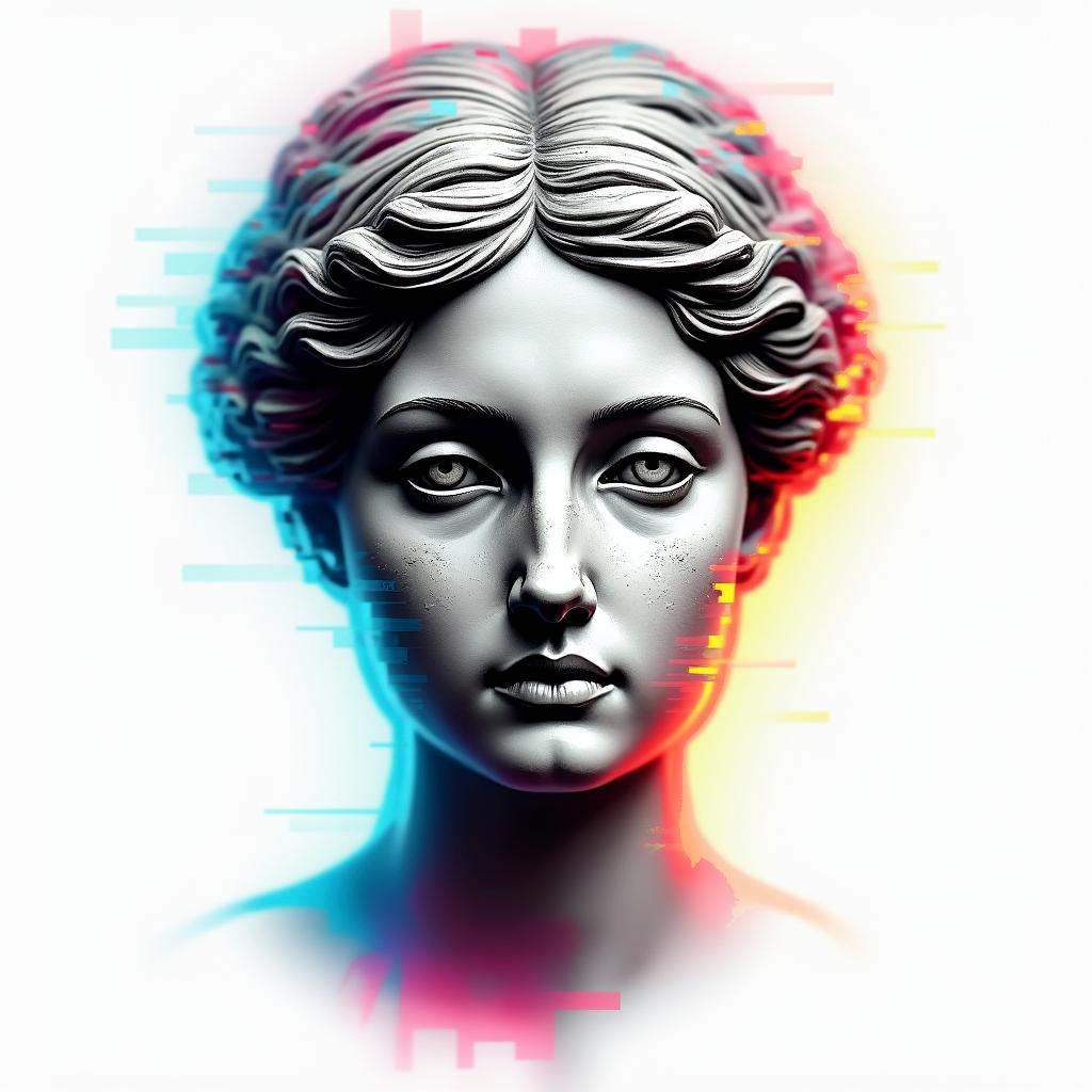 Girl face half deadin distorted and fragmented tattoo design, featuring a classical statue bust, in a glitch art style with vibrant, overlapping colors of cyan, magenta, and yellow, creating a digital distortion effect - Variation 3