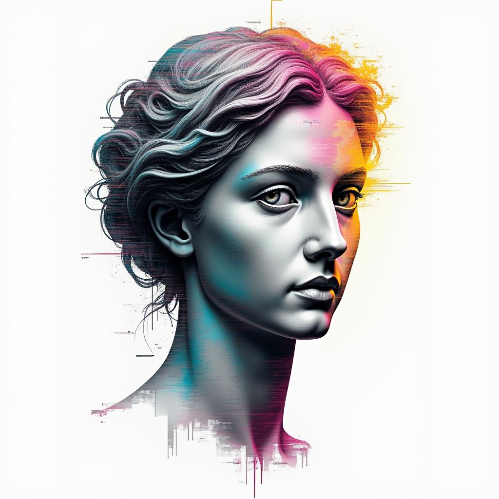 Girl face half deadin distorted and fragmented tattoo design, featuring a classical statue bust, in a glitch art style with vibrant, overlapping colors of cyan, magenta, and yellow, creating a digital distortion effect