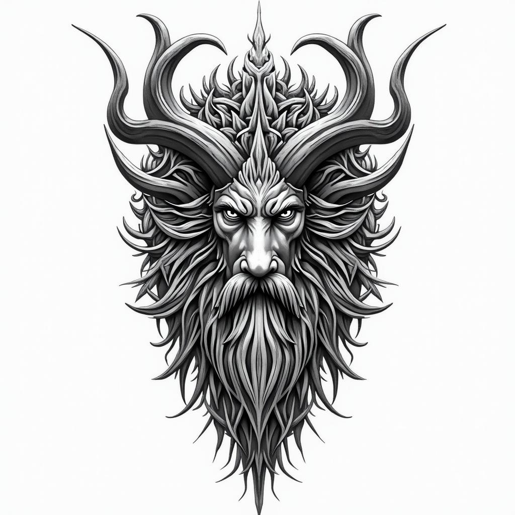 Hel, fenri and jurmungander form the north mythologie in symbolehigly detailed tattoo