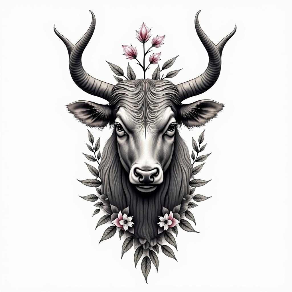 Taurus symbol not the bull. With color. Add some Lilly of the valley into the tattoo. Also the Taurus consolation.in bohemian style tattoo, 8k