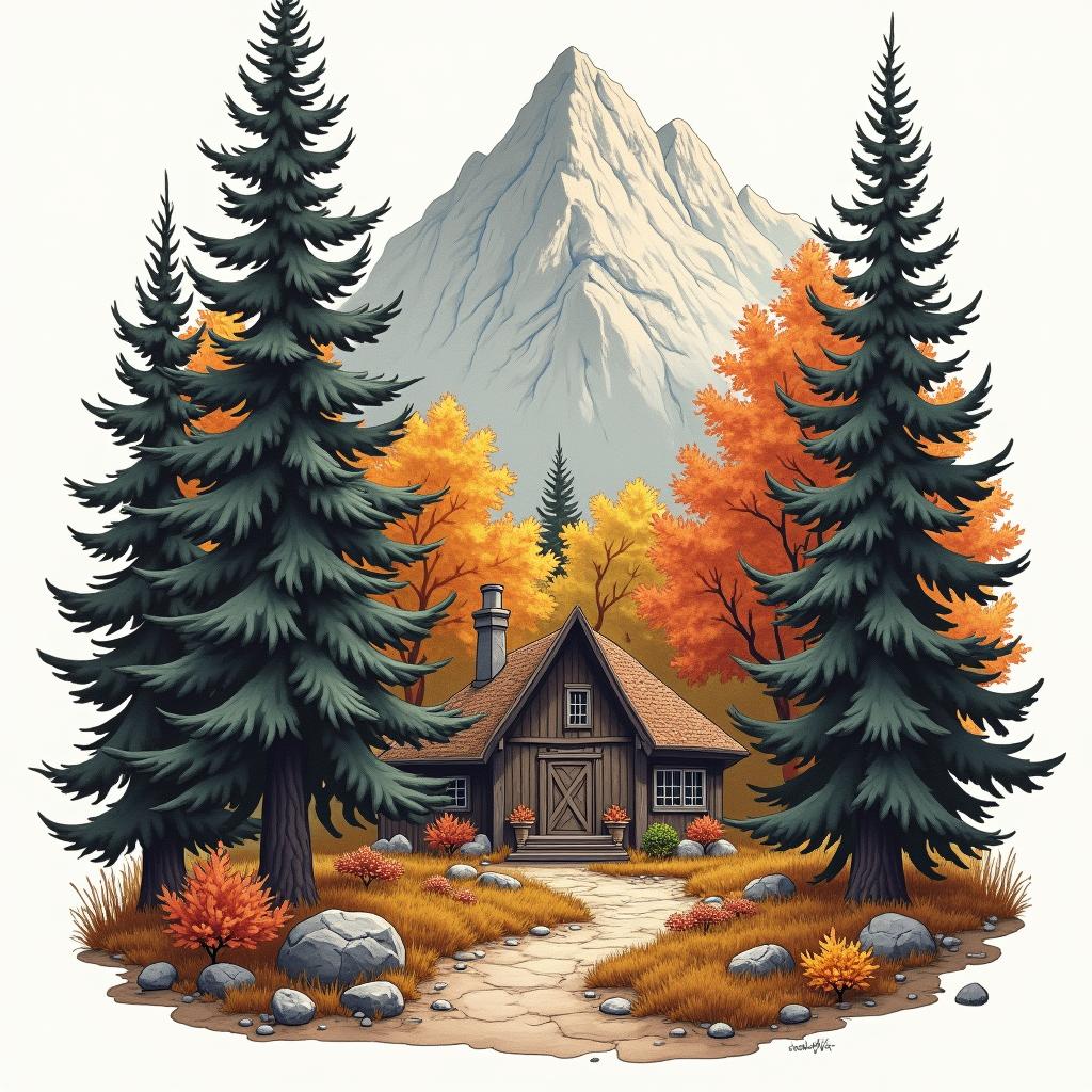 A nostalgic representation of the "Mountain of the Giants," featuring big spruce and maple trees in autumn colors. The artwork captures sunlight filtering through the leaves, evoking childhood memories of playing in the woods behind a house, with a whimsical touch that enhances the adventurous spirit of the scene.higly detailed tattoo
