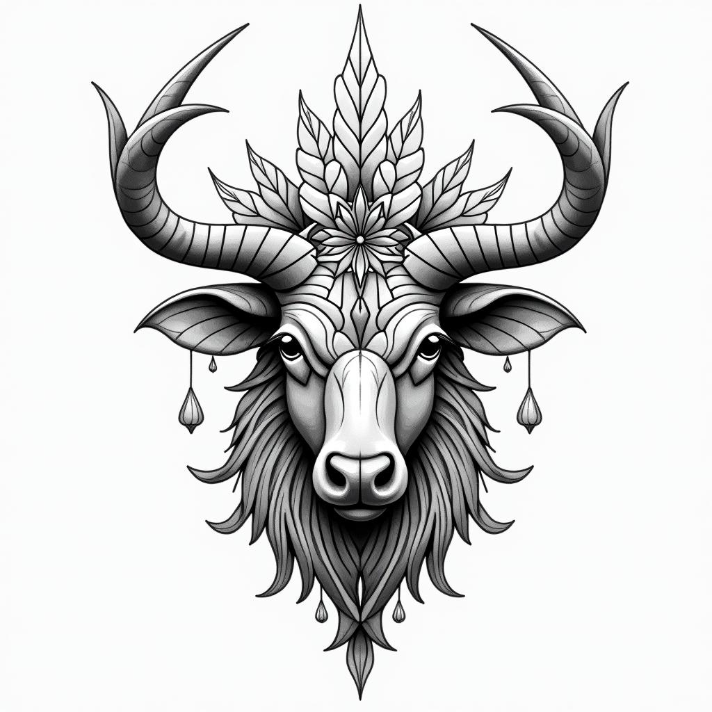 Taurus symbol not the bull. With color. Add some Lilly of the valley into the tattoo. Also the Taurus consolation. in geometric style tattoo, blending hexagons, mandala-inspired patterns, symmetrical and fractal design, clean lines, sharp angles - Variation 4